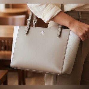 Tory Burch Emerson Large Buckle Beige and Gray Tote